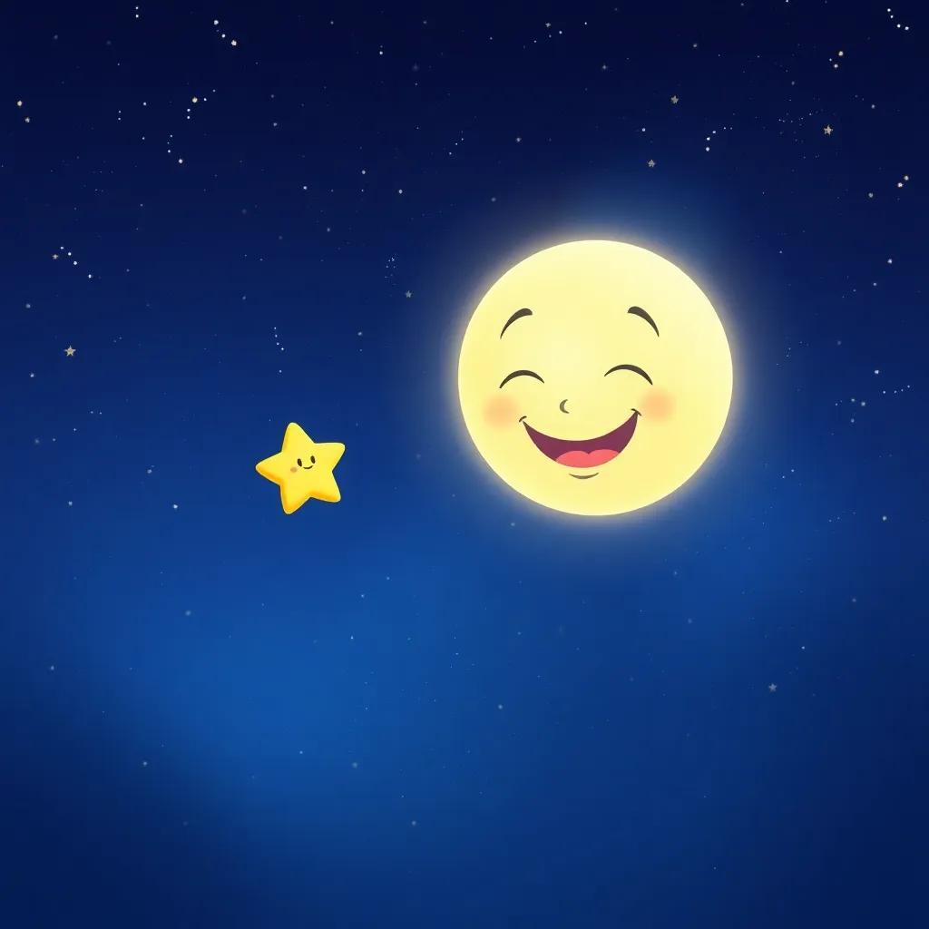 A small star sending light to the moon, with the moon smiling back, night sky filled with twinkling stars, playful atmosphere, detailed illustration, bright colors, high quality
