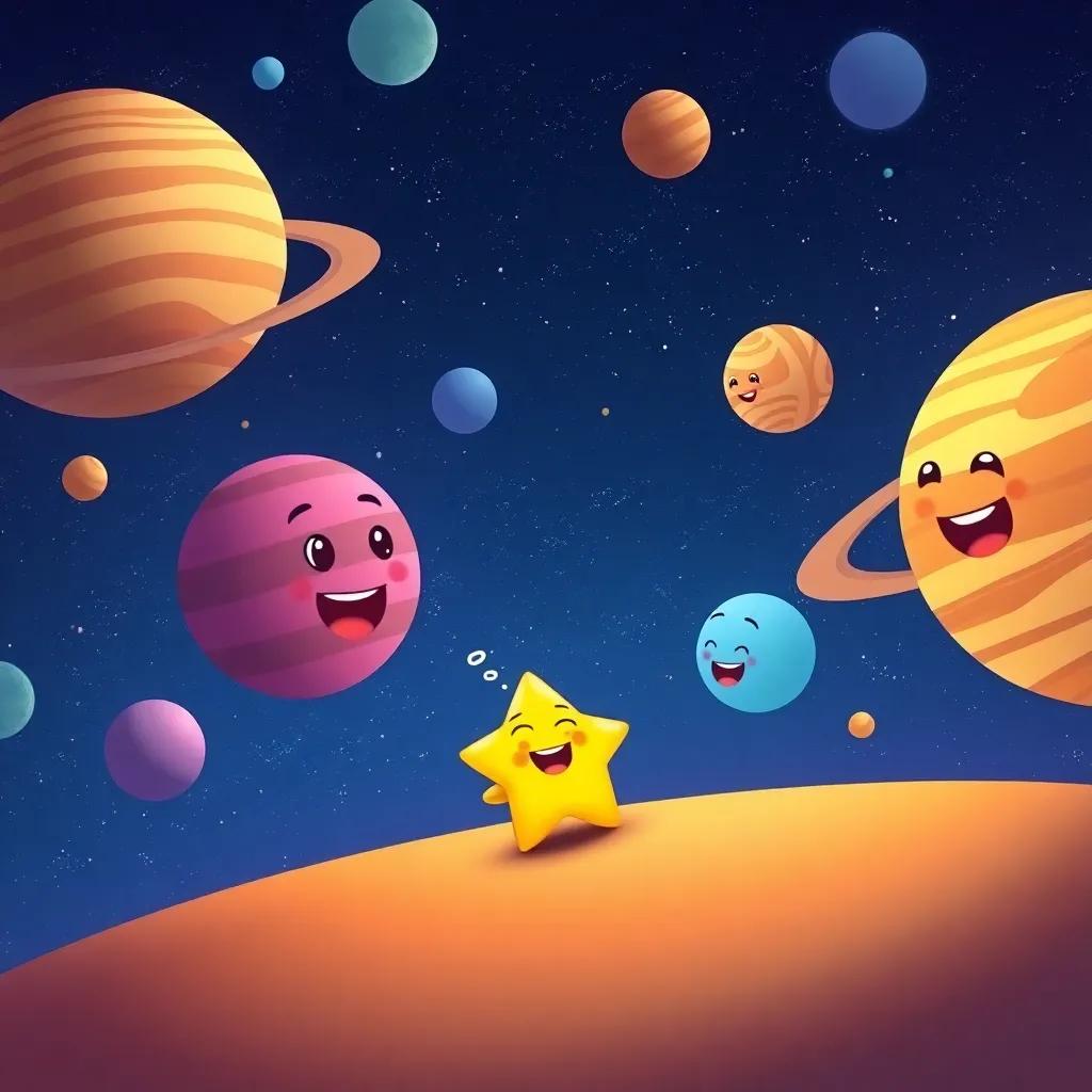 The small star talking to colorful planets, with joyful expressions, all in a beautiful night sky, cartoon style, vibrant colors, uplifting feeling, high quality