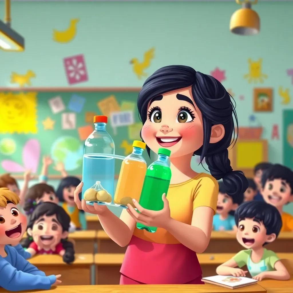 A smart girl, Leila, with dark hair and a joyful smile, presenting her air-cleaning machine made of bottles in a classroom filled with colorful drawings and excited students, digital art, vibrant colors, energetic atmosphere, high quality