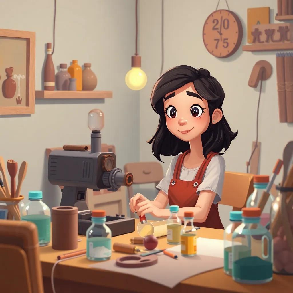 A cozy room with Leila, a smart girl with dark hair, surrounded by crafting tools and bottles, designing her machine with creativity and focused expression, illustration, warm light, inspiring environment, cheerful scene