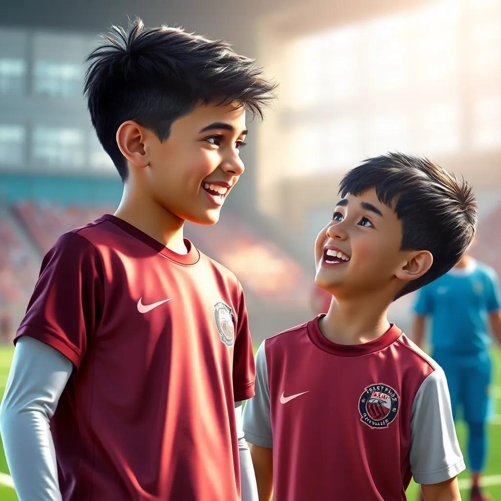 A young Arab boy, Sami, with short black hair, wearing a sports jersey, speaking excitedly to his friend Ali during practice, cheerful atmosphere, digital art, vibrant colors, engaging scene, high quality