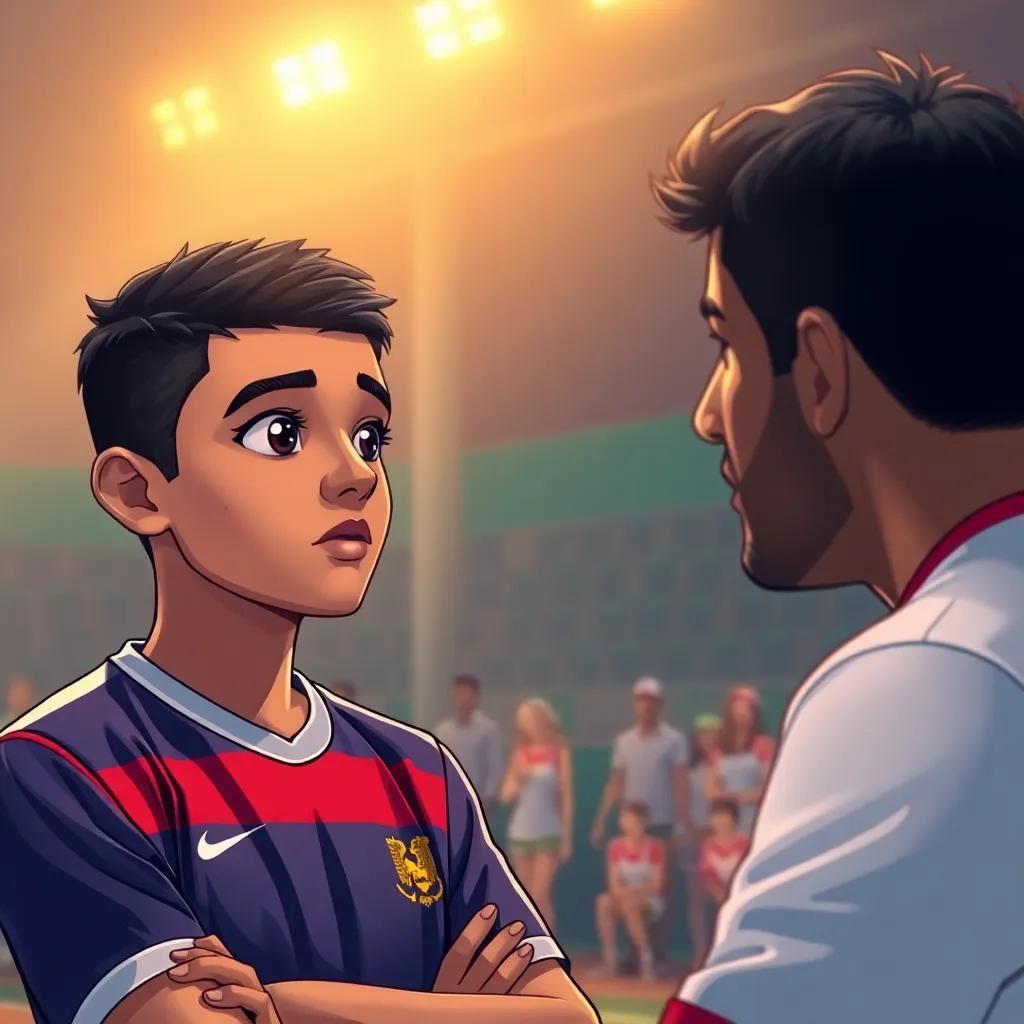 Sami, a young Arab boy, with short black hair in a sports jersey, listening to his coach who is giving him advice about sports ethics, serious and friendly atmosphere, detailed illustration, warm lighting, inspiring scene.