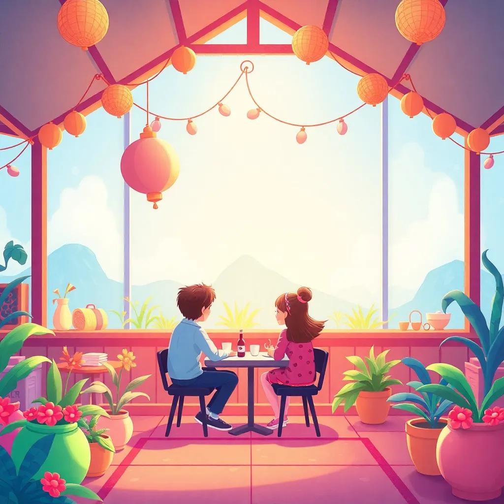 ليلى ترسم في زاوية، مع لوحات فنية حولها، وتبدو سعيدًة، في خلفية الجبال، illustration, vibrant colors, cheerful atmosphere, high quality
