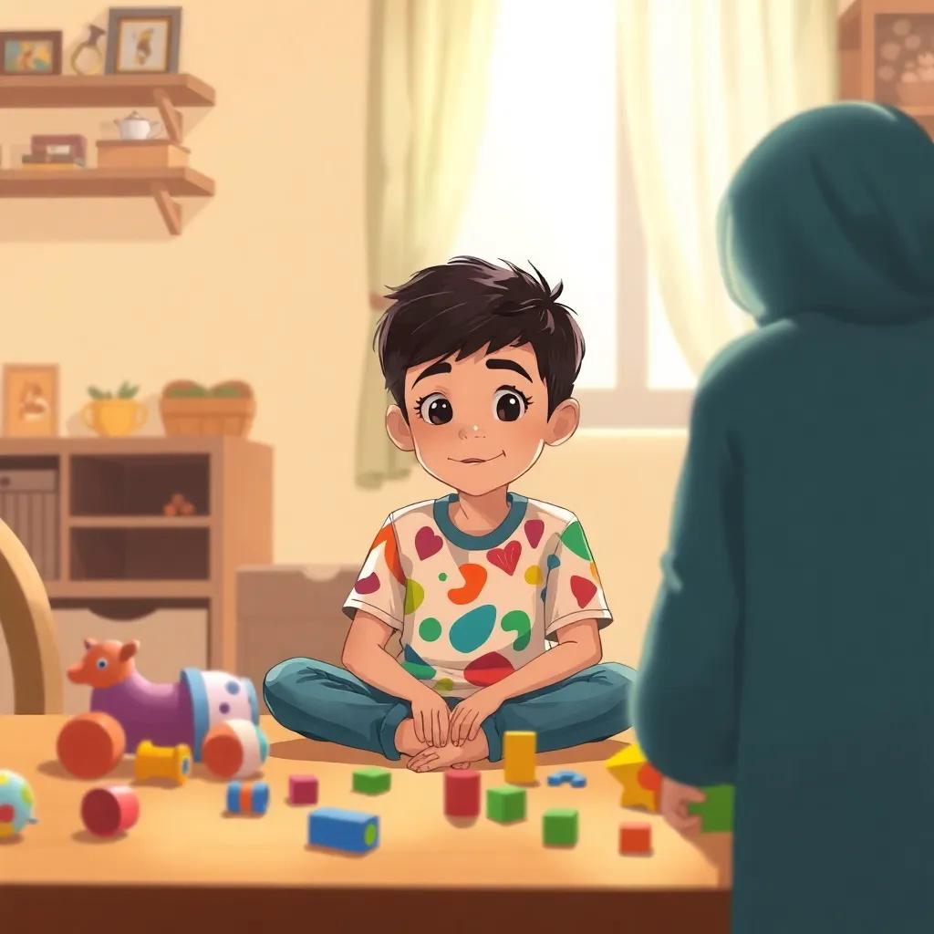 A young Arab boy, Sami, with short black hair wearing a colorful t-shirt and jeans, sitting at a table with toys scattered around, looking curiously at his mother, warm and homey atmosphere, digital art, inviting light, cheerful colors, detailed illustration, high quality
