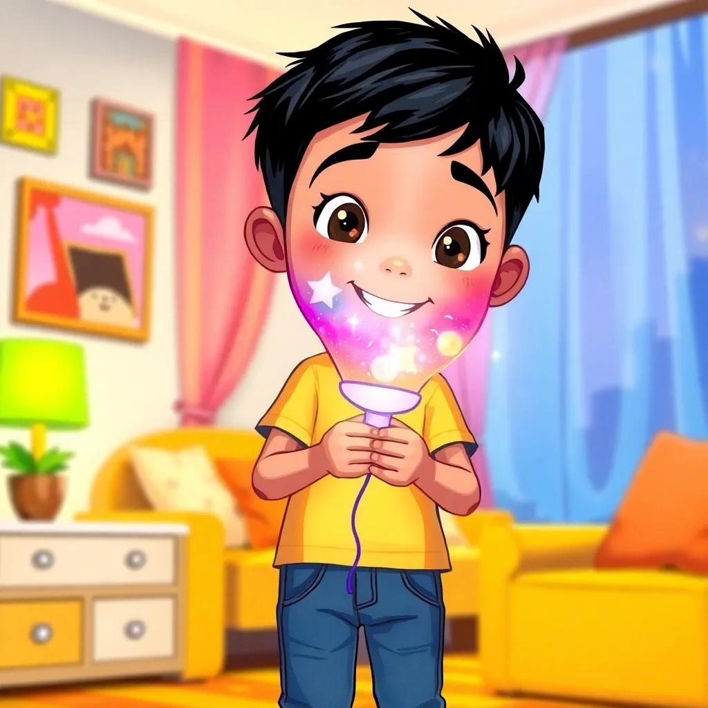 A colorful magical balloon, glowing softly, in the hands of Sami, a young Arab boy with short black hair in a bright t-shirt and jeans, against a cheerful living room background, detailed digital art, vibrant colors, enchanting atmosphere, high quality