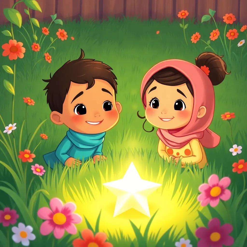 Two children, Ahmed and Leila, with bright smiles, looking at the fallen star in their garden, lush green grass, flowers around, cheerful and inviting, illustration, warm colors, child-friendly