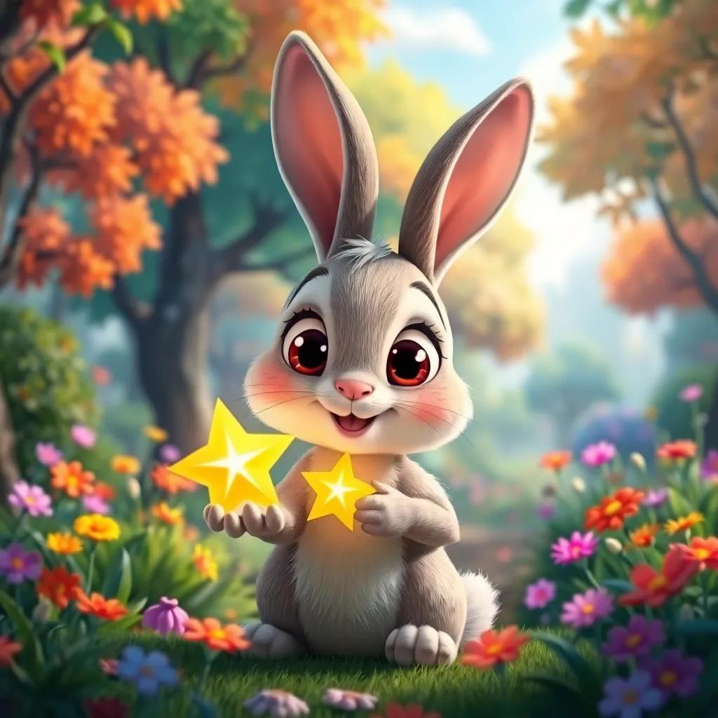 A lively rabbit with big eyes, offering help to the children and the star, set in a vibrant forest, surrounded by colorful trees and flowers, whimsical style, friendly atmosphere