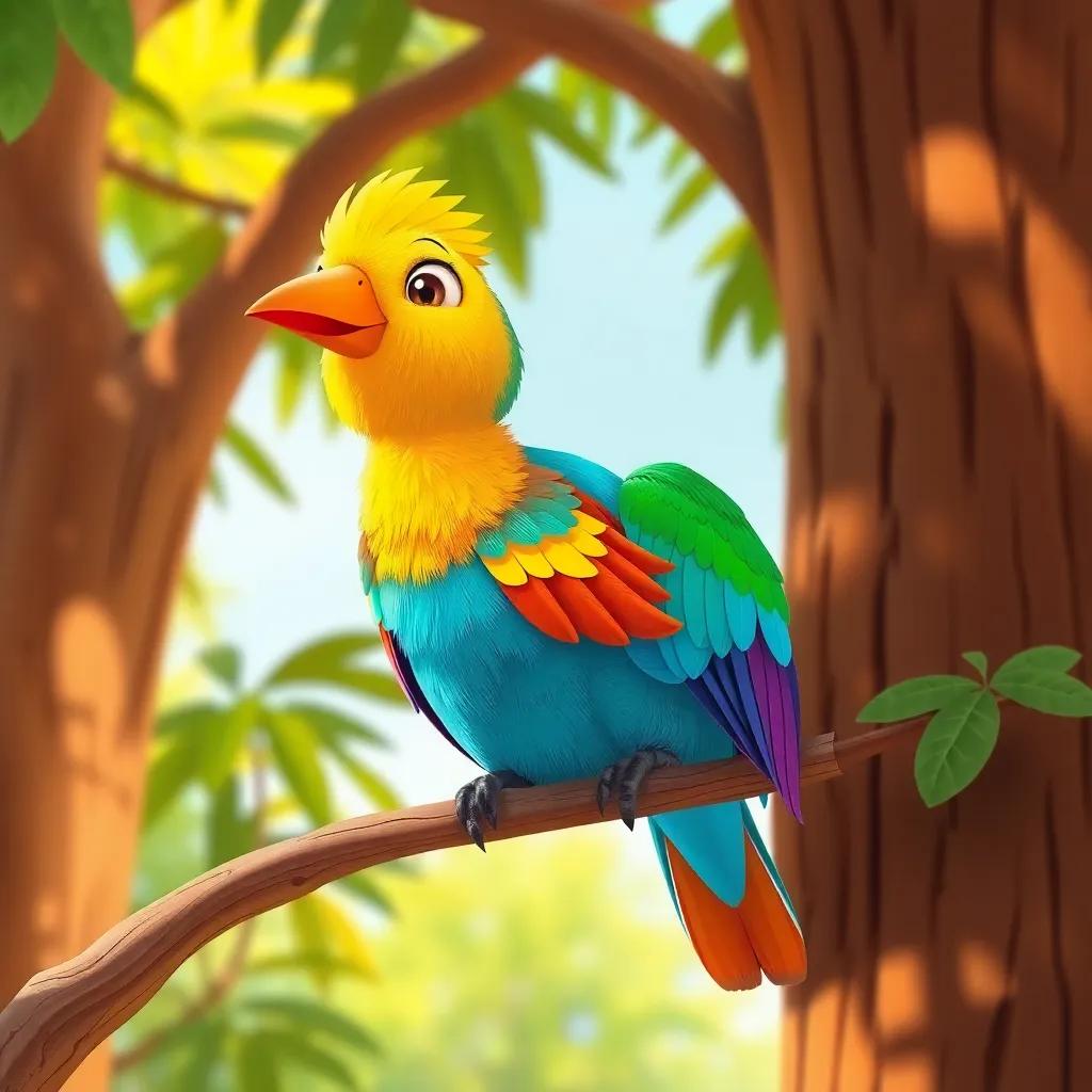 A colorful bird with bright feathers, teaching children about friendship, perched on a branch in a tall sunny tree, joyful expressions, bright and cheerful, illustration, uplifting