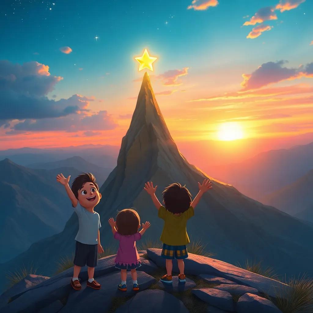 The fallen star shining brightly at the top of a tall mountain, children smiling and waving goodbye, a beautiful sunset in the background, magical glow, heartwarming scene, digital painting