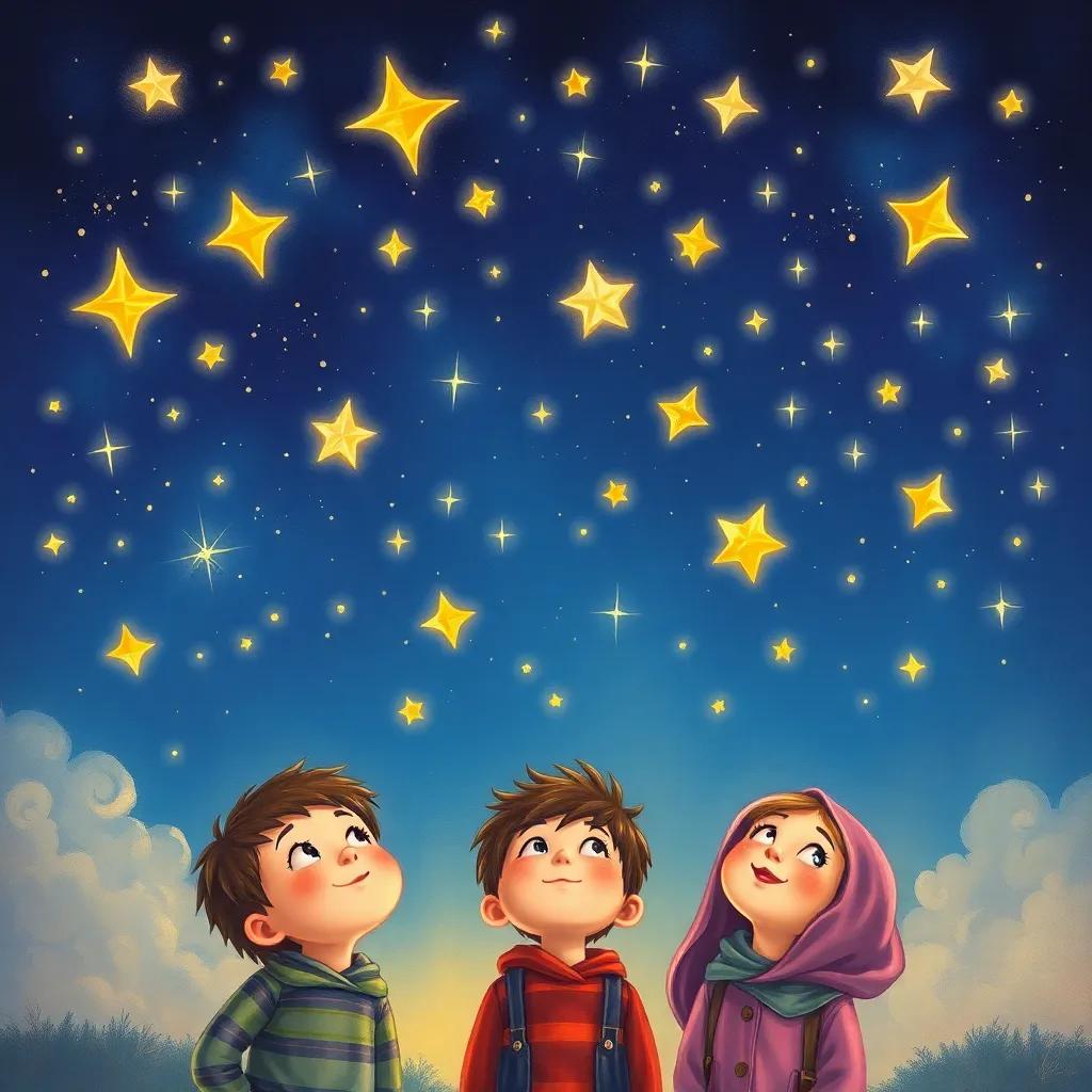 A night sky filled with twinkling stars, with three children, Badr, Rami, and Mariam, looking up in awe, colorful, child-friendly illustration, magical glow, warm atmosphere, high quality