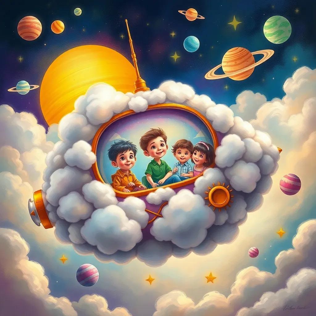 A colorful spaceship made of clouds, with three children, Badr, Rami, and Mariam, having fun inside, surrounded by vibrant planets and stars, whimsical and cheerful, digital art, imaginative view, high quality