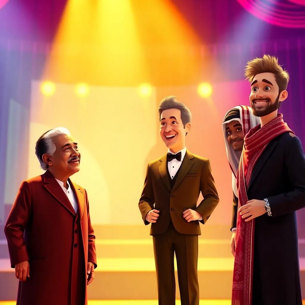 A colorful stage set for an award ceremony, featuring four artists: Yasser Al-Azmeh, a Syrian man with dark hair, wearing a traditional suit, Morgan Freeman, an older African-American man with white hair, dressed in a smart tuxedo, Matthew McConaughey, a middle-aged Caucasian man with light brown hair, in a stylish suit, and Abdul Mohsen, a young Arab man with short hair, dressed in a modern outfit, all smiling at the audience, vibrant lighting, celebration atmosphere, detailed digital art, high quality