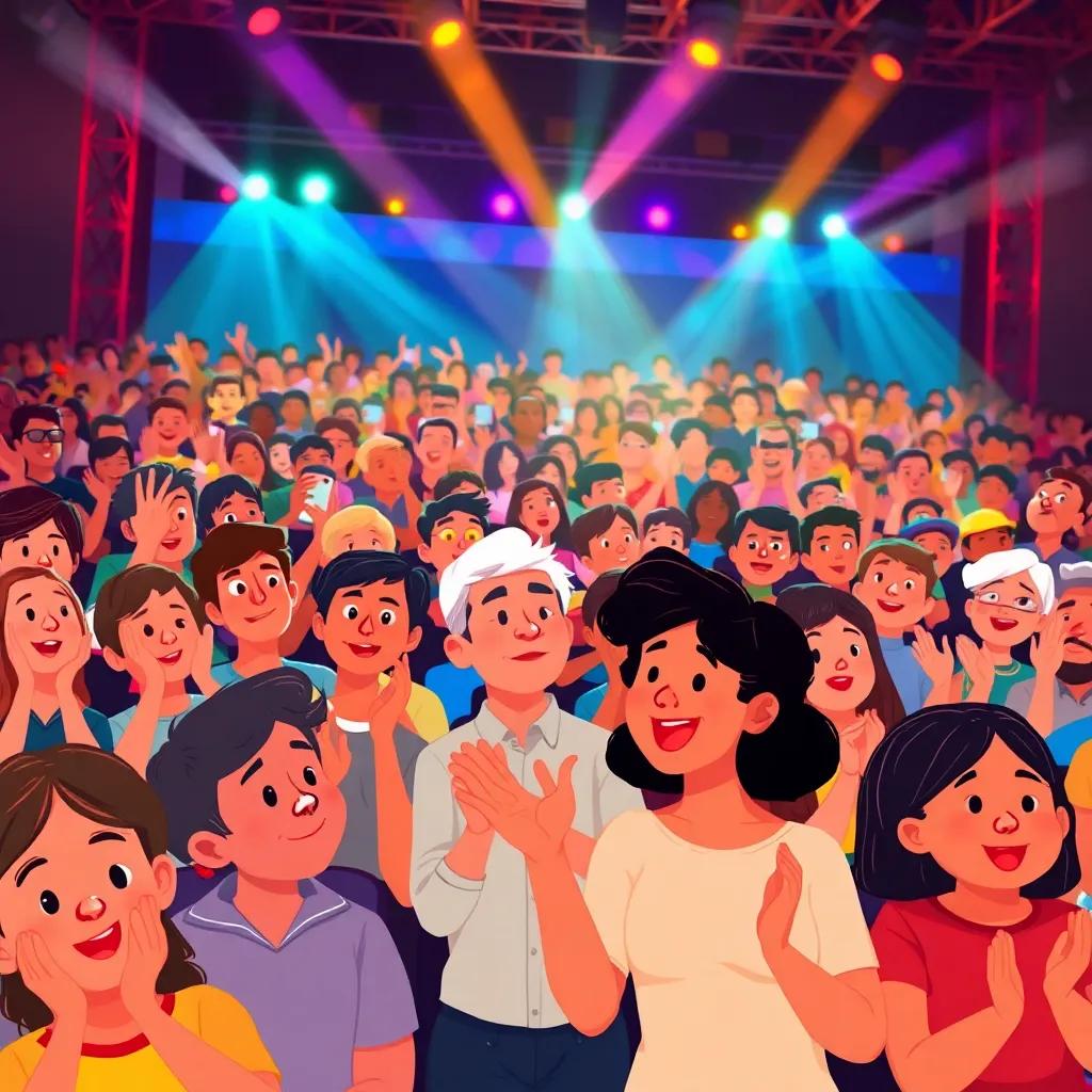 A packed audience at an award ceremony, clapping and cheering with excitement, colorful lights shining over the crowd, showcasing a diverse group of people enjoying the performance, warm colors, joyful expression, illustration style, child-friendly atmosphere.