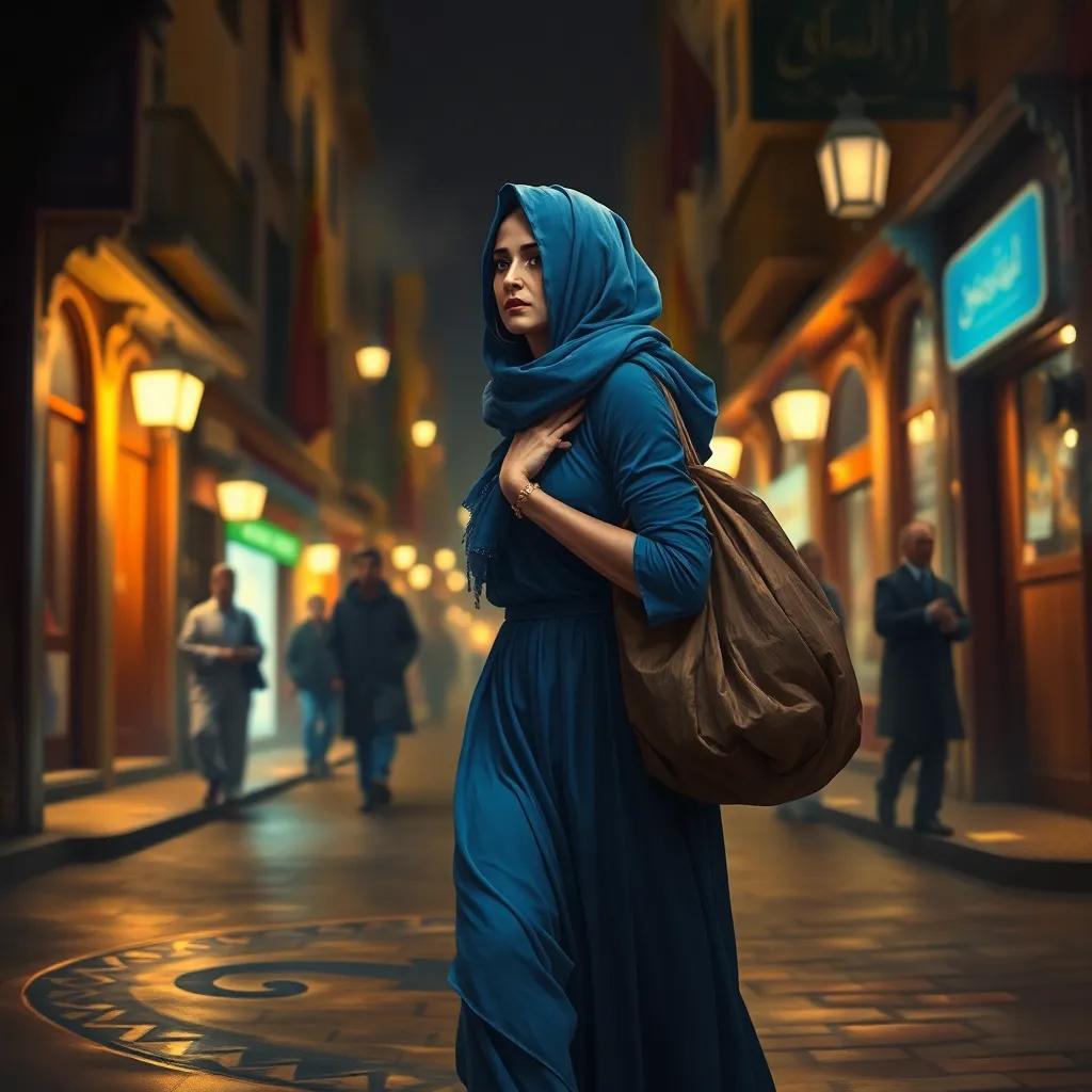 A young Arab woman, Leila, in her thirties, wearing a blue dress and carrying a heavy bag, hurrying through a dimly lit street with soft glowing lights, digital art, warm colors, bustling atmosphere, high quality