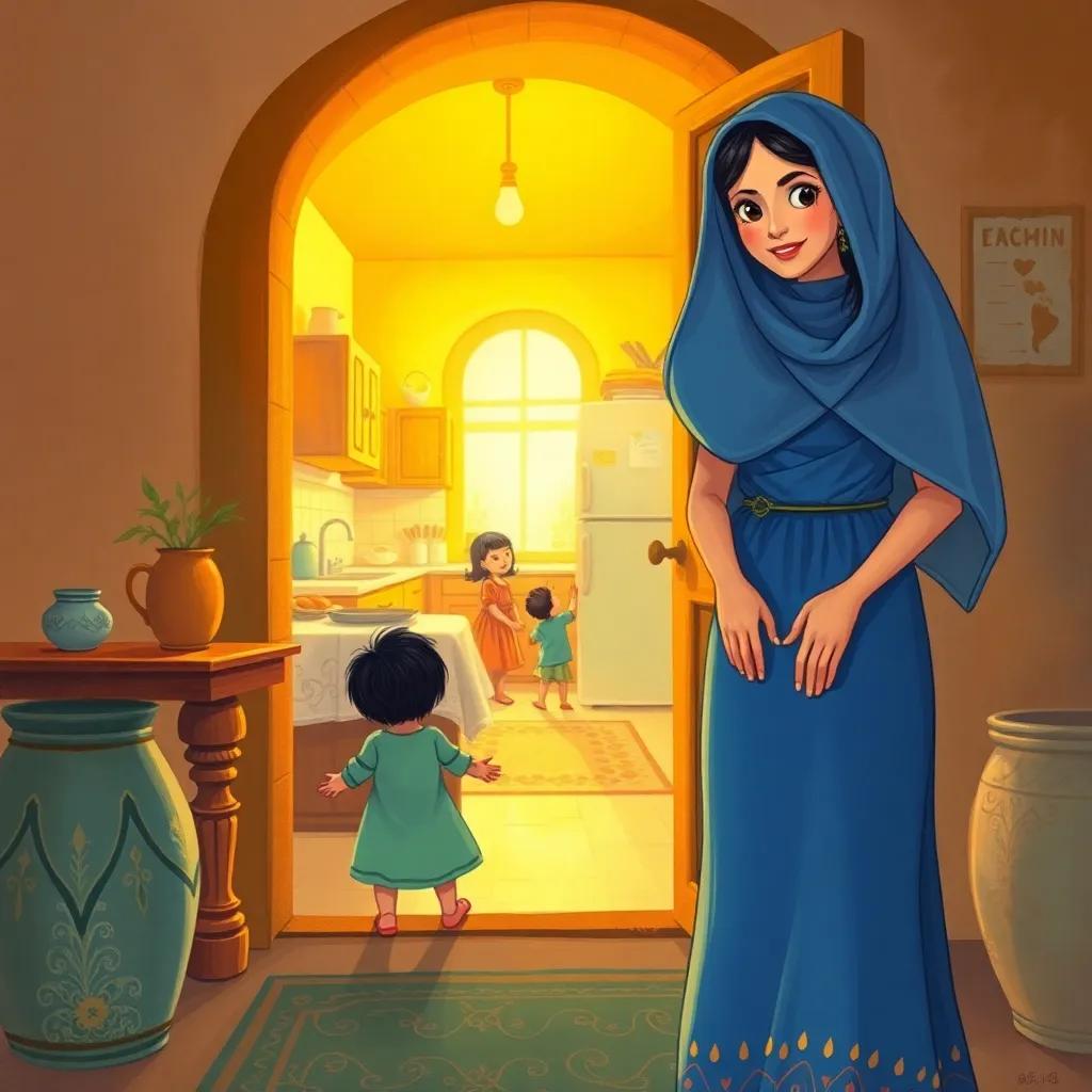 Leila, a young Arab woman in a blue dress, entering her cozy home with a warm glow from the kitchen, children playing in the background, illustration, cheerful, family love, child-friendly