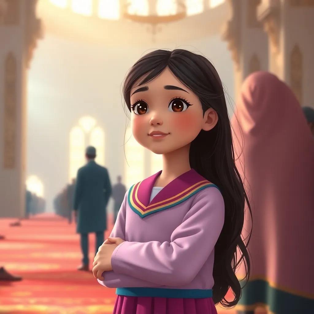 A young Arab girl, ندى, with long, dark hair, wearing a colorful school uniform, standing with her parents in a mosque during Fajr prayer, soft morning light, peaceful atmosphere, detailed digital art, warm colors, joyful perspective, high quality