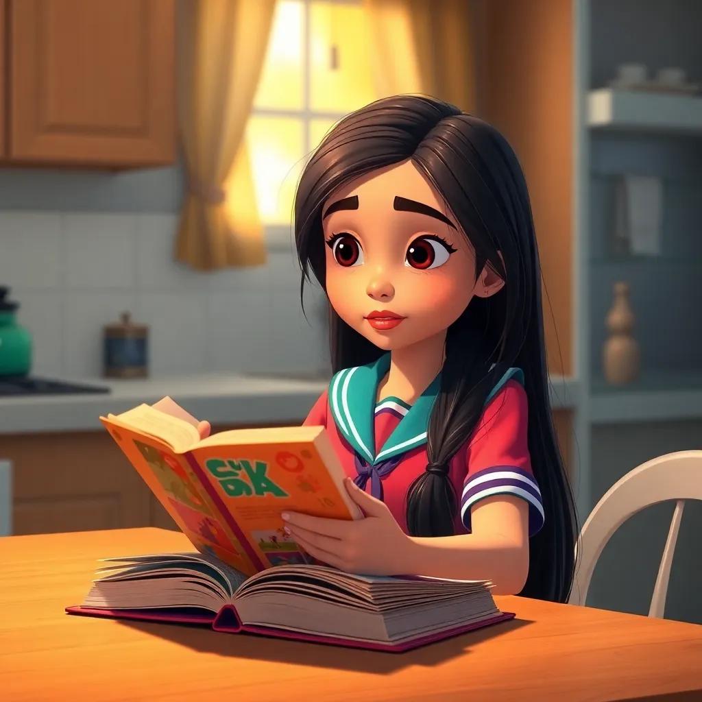 A young Arab girl, ندى, with long, dark hair, wearing a colorful school uniform, sitting at a kitchen table with her books open, reviewing her lessons with determination, cozy kitchen setting, warm morning light, focused expression, digital art, inviting colors, uplifting imagery