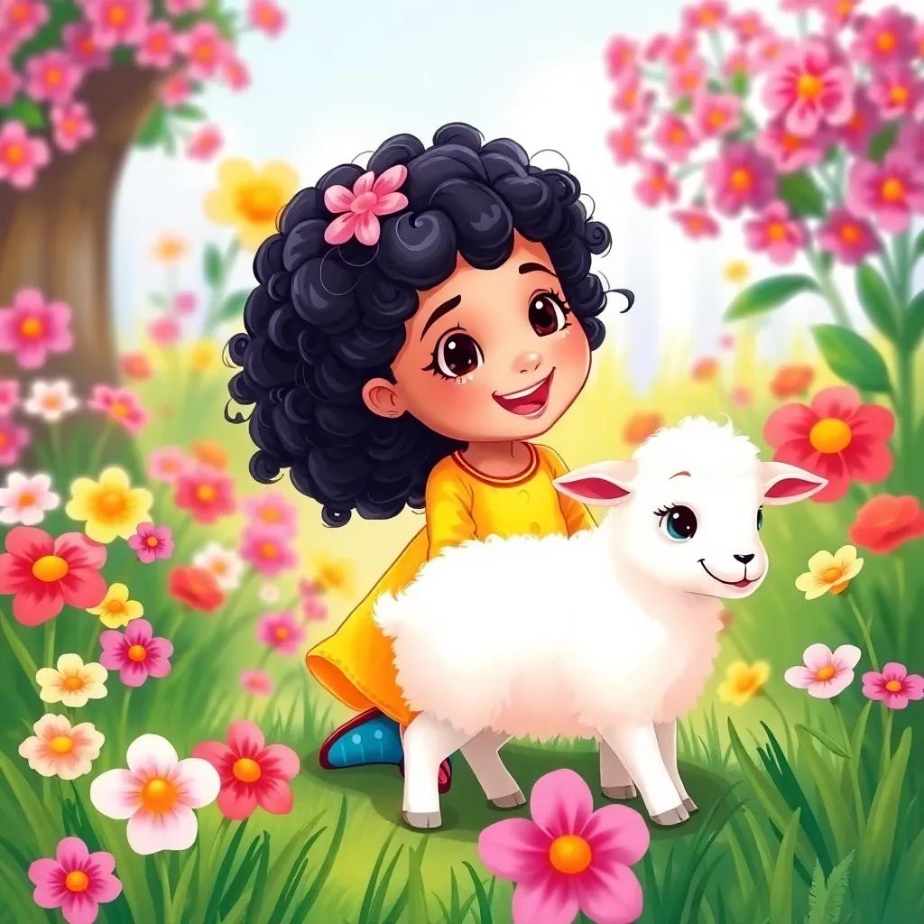 A young Arab girl, نرجس, with curly black hair, wearing a bright yellow dress, playing in a colorful garden with a fluffy white sheep named لولو, surrounded by blooming flowers and green grass, digital artwork, joyful scene, vibrant colors, high quality
