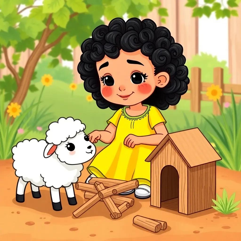 نرجس, a six-year-old Arab girl with curly black hair in a bright yellow dress, building a small house for a fluffy white sheep named لولو using wood and fabric, in a sunny garden, illustration, cheerful, creative atmosphere, child-friendly