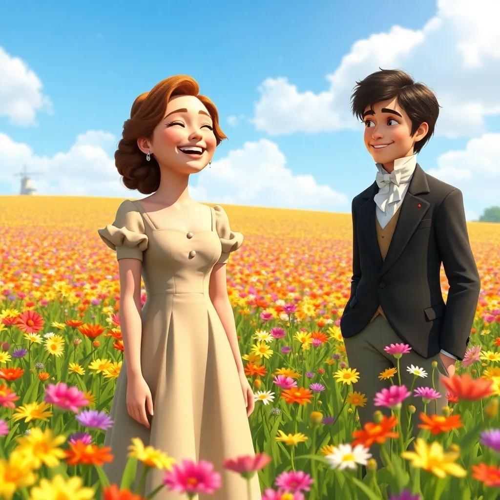 A sunny day in a large field filled with colorful flowers, Elizabeth smiling with joy, wearing a simple yet elegant dress, and Mr. Darcy by her side in a suit, an inviting atmosphere, vibrant colors, joyful vibes, high quality