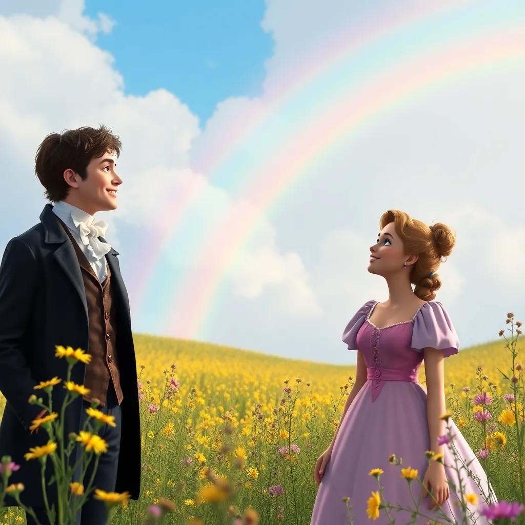 Elizabeth looking at a rainbow in the sky with Mr. Darcy beside her, both smiling, surrounded by wildflowers, a serene and happy moment, bright colors, uplifting overall feeling, high quality