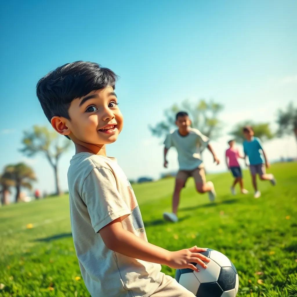 A young Arab boy, Ali, with short black hair, wearing a t-shirt and shorts, playing soccer in a sunny park with friends, vibrant green grass and blue sky, joyful atmosphere, digital art, high quality, cheerful