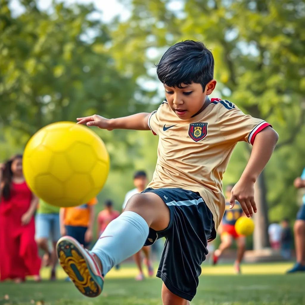 Ali, a young Arab boy, with short black hair, wearing a soccer jersey and shorts, kicking a bright yellow soccer ball in the park, surrounded by excited friends, dynamic perspective, colorful, energetic scene