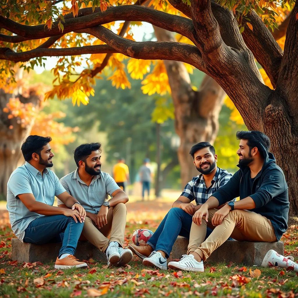 Ali and his friends, sitting under a large tree in the park, talking and laughing together, wearing casual clothes, vibrant colors of nature around them, warm light, friendly gathering, inviting atmosphere
