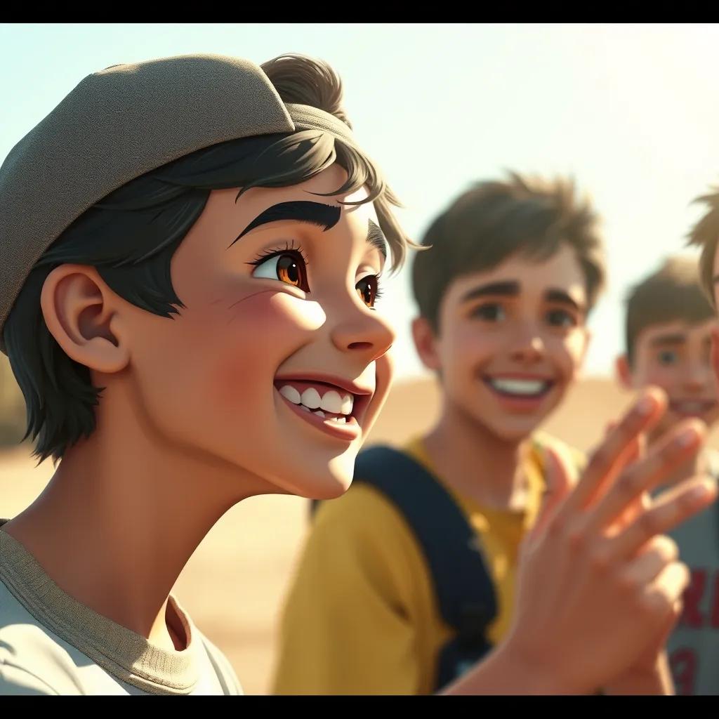 A close-up of Ali, a young Arab boy with short black hair, wearing a cap and a big smile, excitedly explaining a game plan to his friends, bright sunlight, detailed illustration, engaging expression