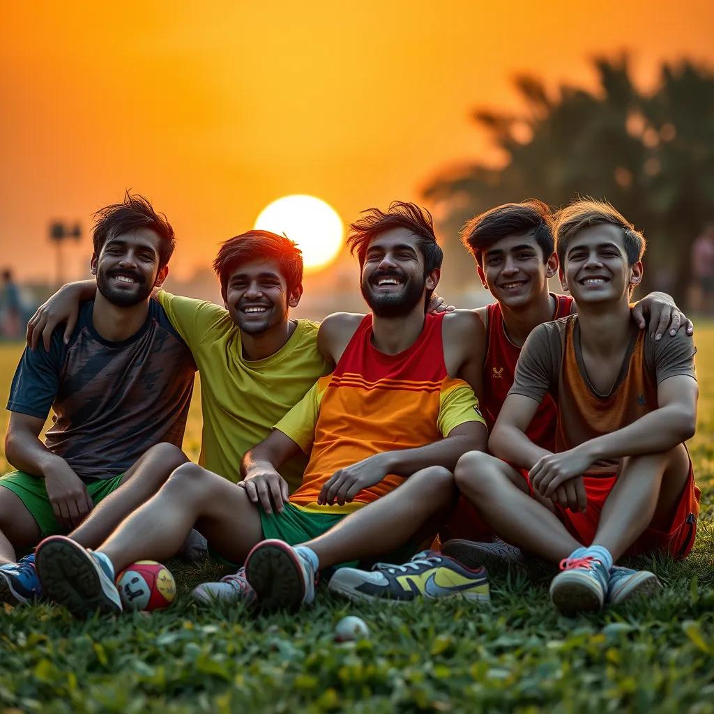 Ali and his friends, exhausted but happy, sitting on the grass after a day of fun, wearing colorful sports clothing, golden sunset in the background, warm colors, heartwarming moment