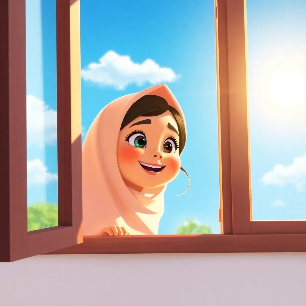A sunny morning scene with a young Arab girl, Salma, looking out of her window with excitement, bright blue sky and smiling sun, digital art, cheerful colors, warm light, joyful atmosphere, high quality