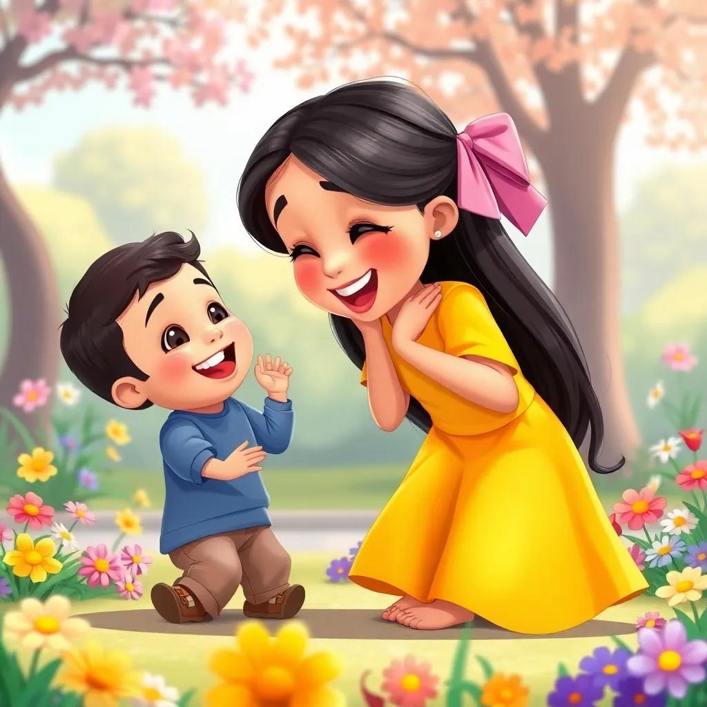Salma, a young Arab girl with long dark hair, wearing a yellow dress and a pink ribbon in her hair, playing with her little brother Omar in a park, colorful flowers around, laughter and joy, playful scene, child-friendly illustration, bright and vivid colors, high quality