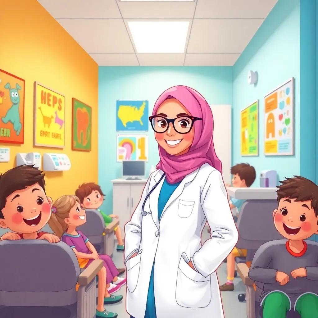 A bright dental clinic with colorful posters on the wall, Dr. Sara, an Omani woman in her 30s wearing a dental coat and glasses, smiling at children sitting in chairs, cheerful environment, digital art, warm lighting, inviting atmosphere, high quality