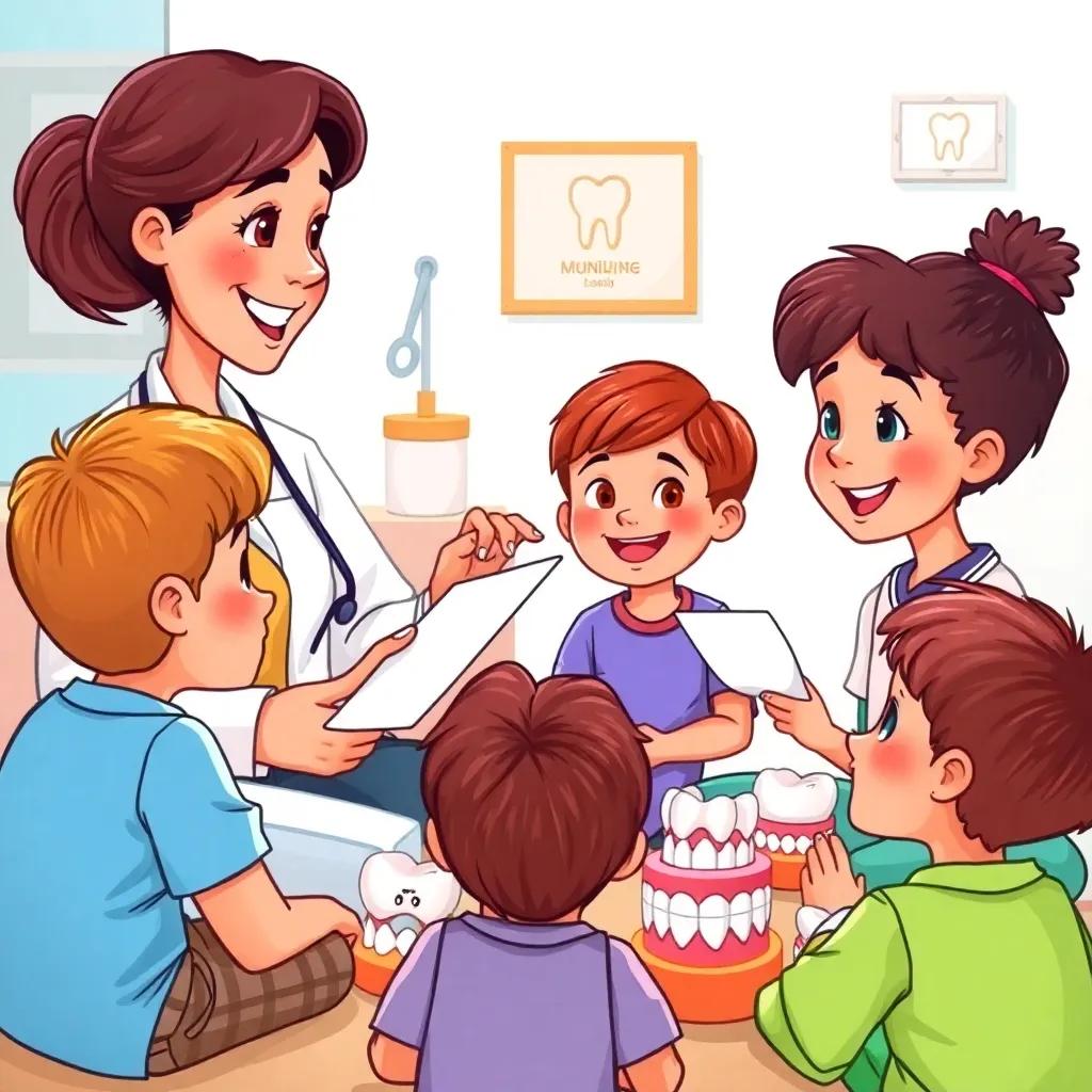 Dr. Sara explaining dental hygiene to children, children listening eagerly, colorful dental models around, illustration, vibrant and fun, educational, high quality