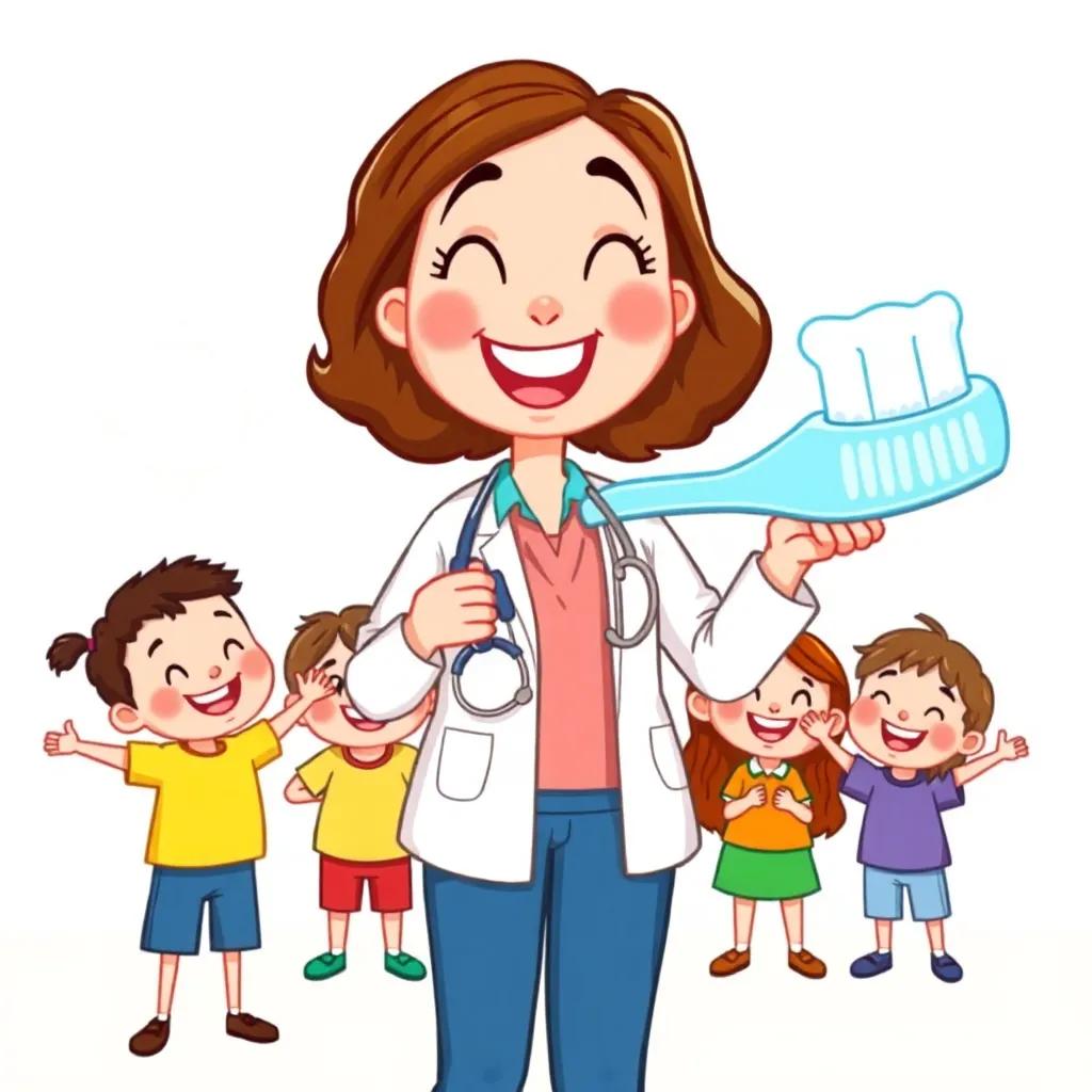 A large toothbrush in Dr. Sara's hand demonstrating circular brushing motions, children mimicking her with wide smiles, bright and cheerful, cartoonish style, light and colorful background, high quality