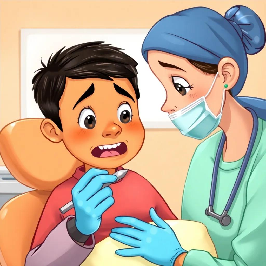 Dr. Sara checking Ahmad's teeth with a dental tool, Ahmad looking nervous but smiling, reassuring atmosphere, warm colors, detailed, friendly interaction, high quality