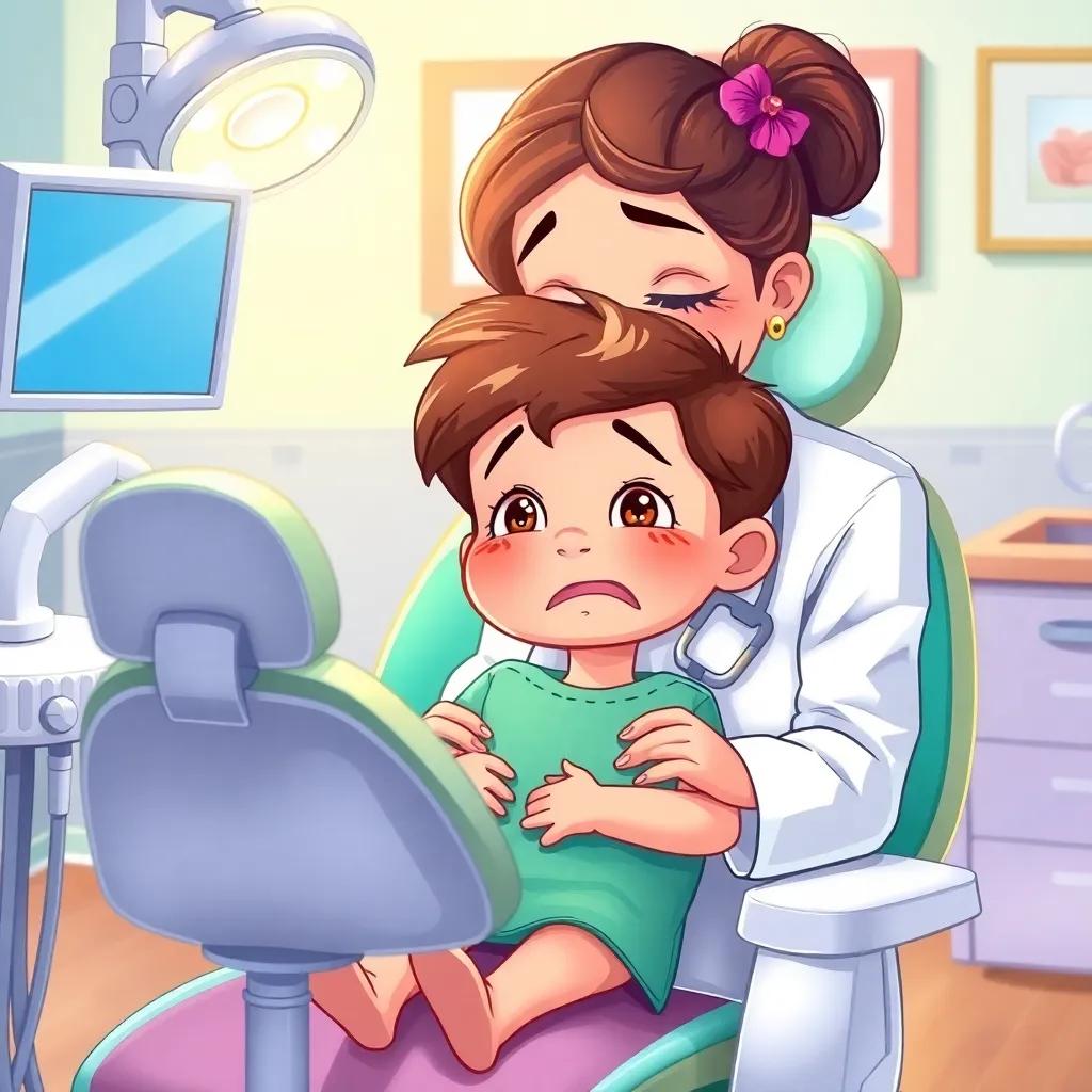 A worried child in a dental chair, Dr. Sara comforting him, showing friendly demeanor, warm lighting, inviting, and colorful surroundings, high quality