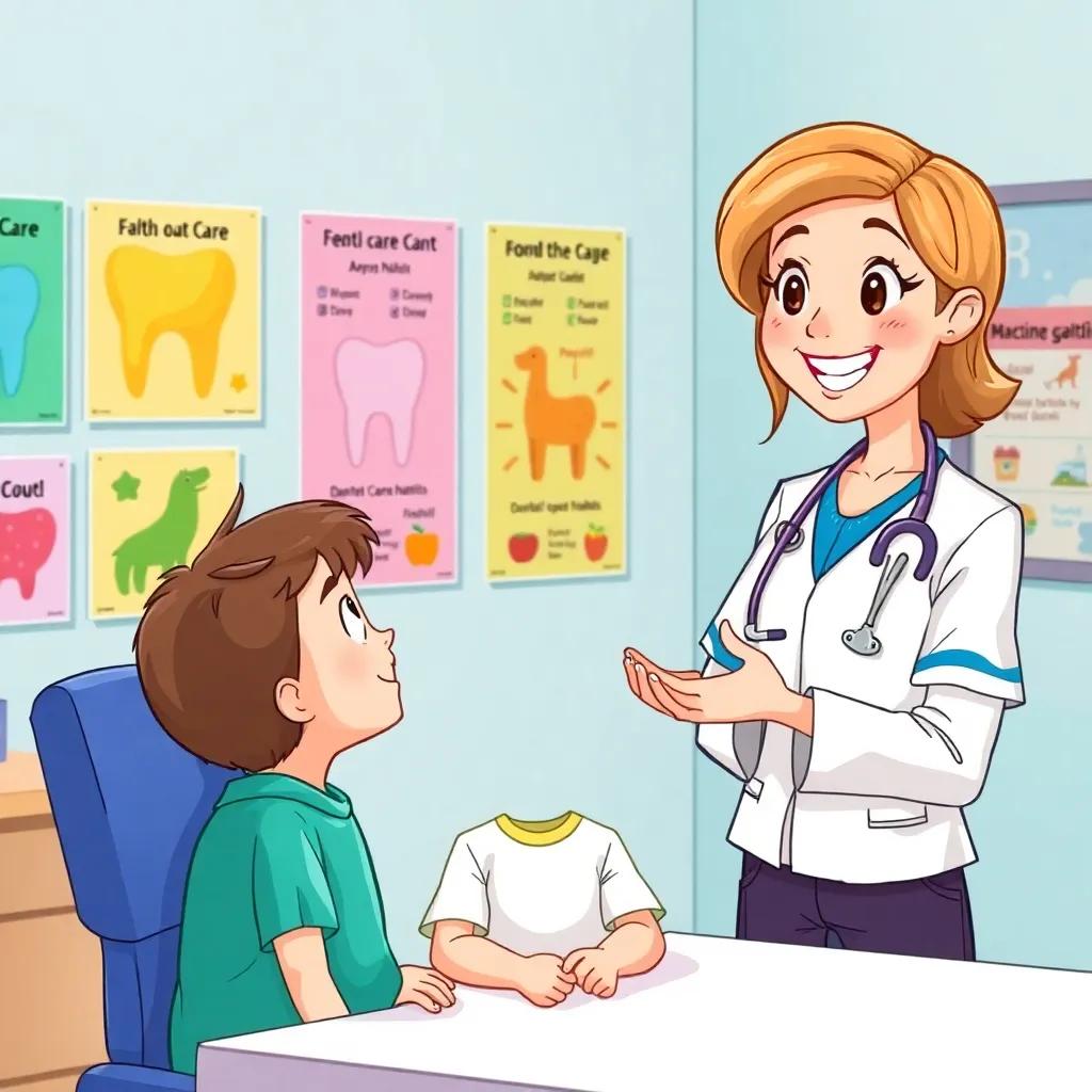 Dr. Sara asking a student about their dental care habits, student looking excited, colorful posters in the background, child-friendly art style, bright and cheerful, high quality