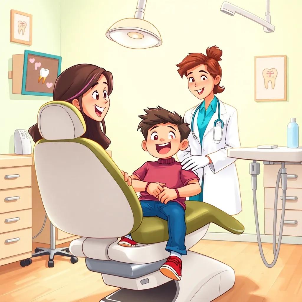 A excited Ahmad confidently sitting in the dental chair, Dr. Sara guiding him, bright and warm colors, friendly atmosphere, detailed illustration, high quality
