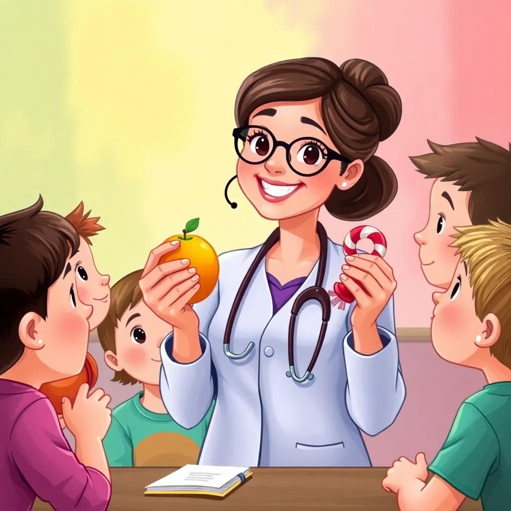 Dr. Sara holding a fruit and a candy, students eagerly looking at her, colorful background, educational theme, vibrant colors, high quality