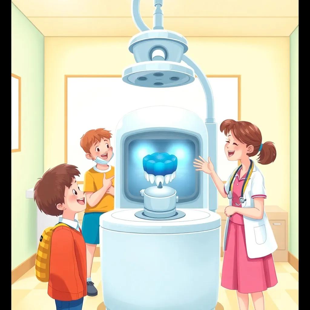 Students cheerfully looking at a teeth cleaning machine, Dr. Sara explaining its use, bright and inviting environment, friendly characters, high quality