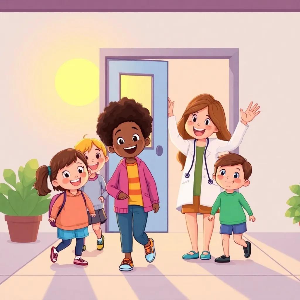 Children leaving the clinic with big smiles, Dr. Sara waving them goodbye, warm sunset light, cheerful atmosphere, bright colors, high quality