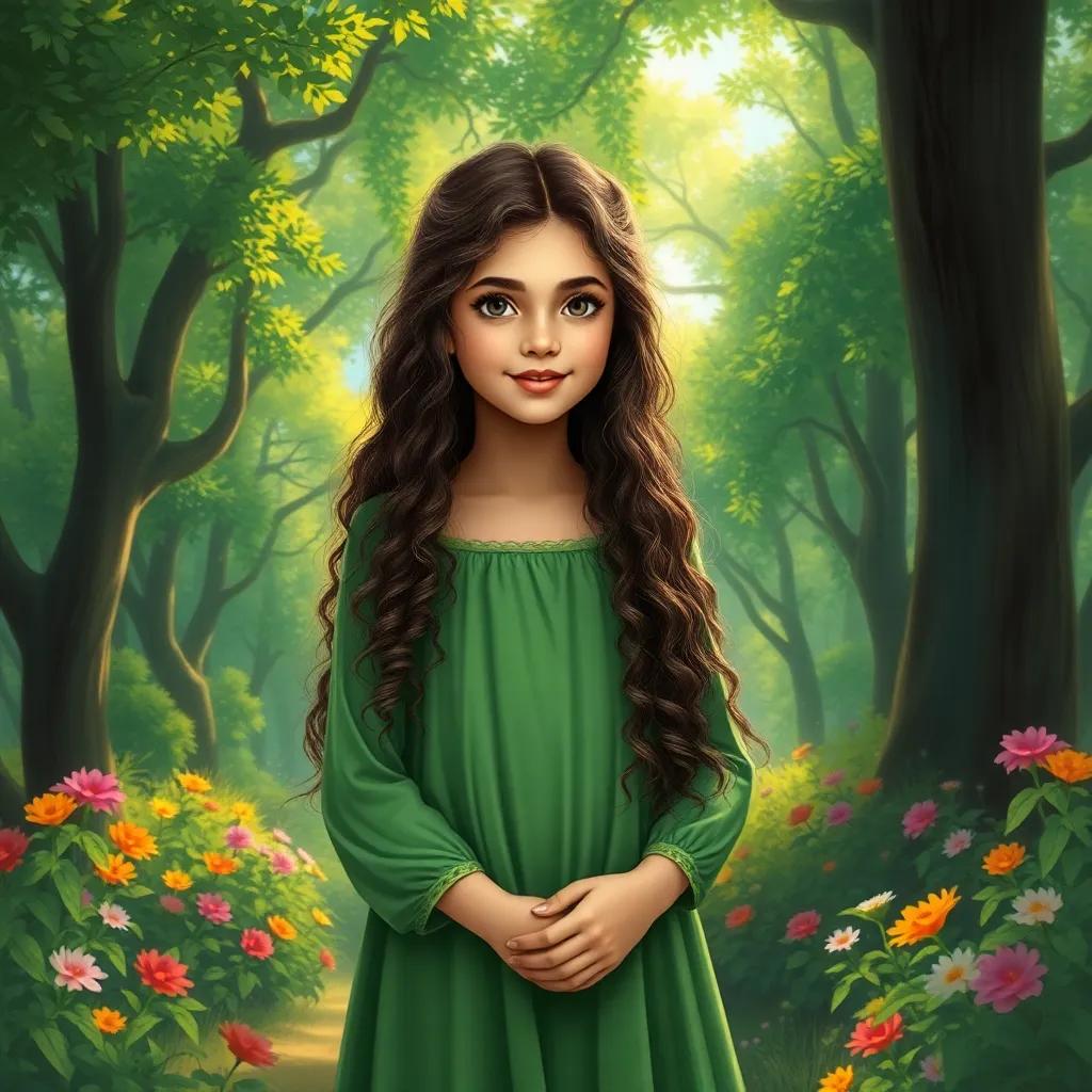 A young Arabic girl, Layla, with long, curly hair, wearing a green dress, standing in a beautiful forest with lush green trees and colorful flowers, vibrant sunlight filtering through the leaves, digital art, cheerful atmosphere, high quality