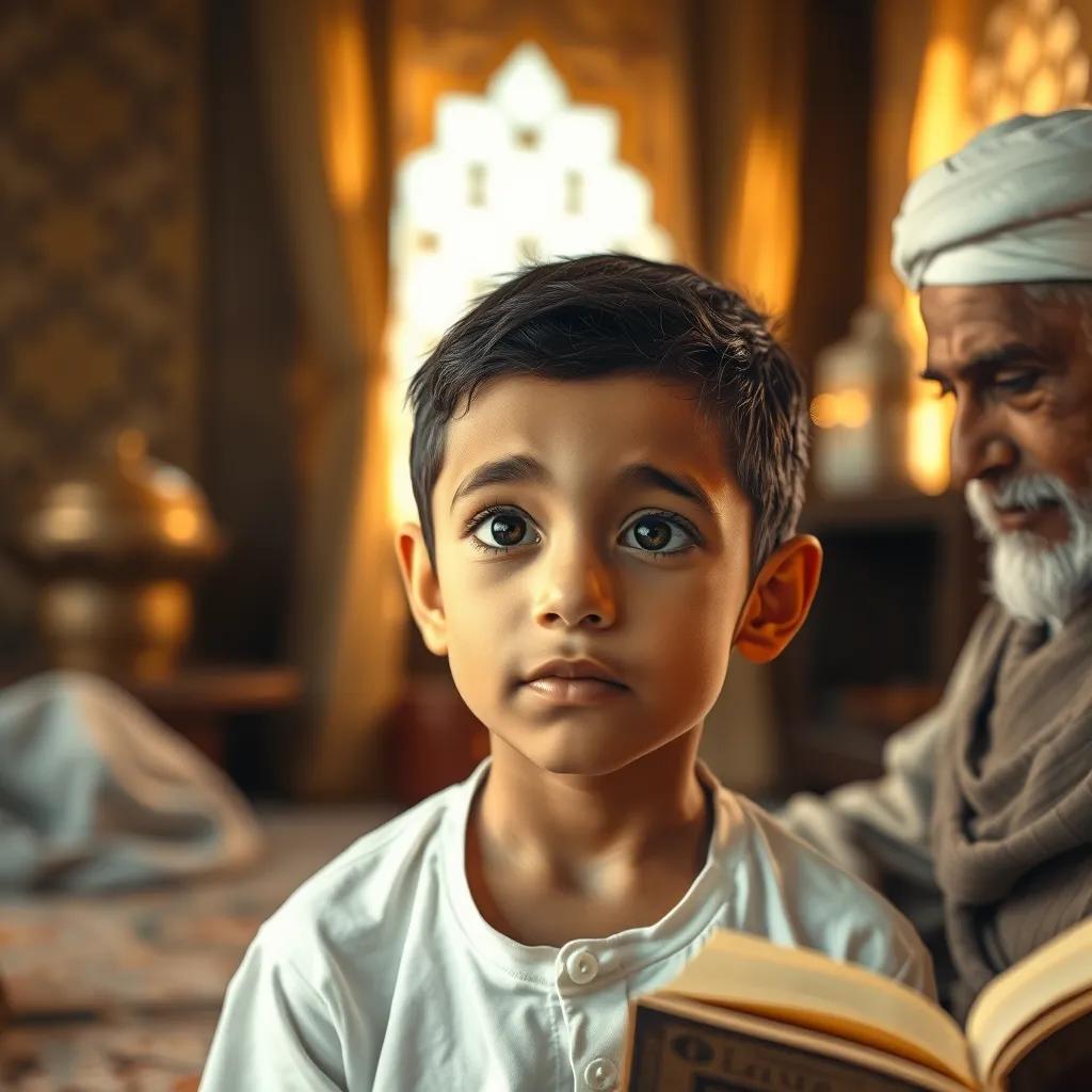 A young boy named Muhammad, a Middle Eastern boy, with dark hair and bright eyes, wearing a simple white shirt, sitting in a traditional Arabian home, listening to stories from his grandfather, warm golden light, inviting atmosphere, digital art, high quality