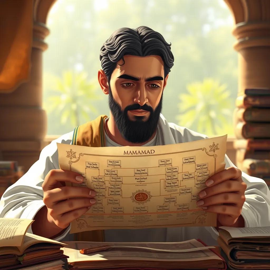 Muhammad learning about his ancestry, depicting a family tree on parchment, surrounded by ancient scrolls and books, with a focused expression, warm natural light, bright colors, detailed illustration, historical mood, high quality