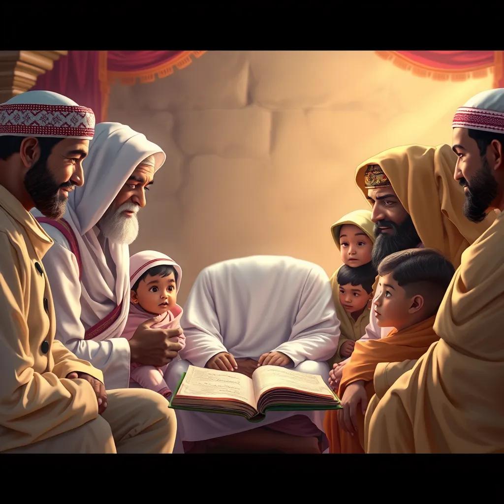 Muhammad listening to his ancestors' stories, a respectful gathering surrounded by family members of different generations, wearing traditional Arab clothing, rich colors, bright and cheerful atmosphere, digital painting, child-friendly, high quality