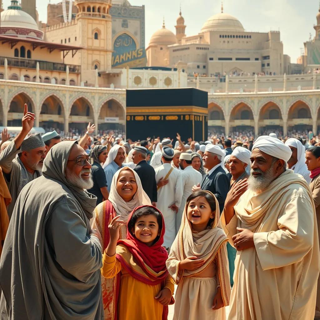 The people of Mecca admiring Muhammad, a joyful scene in the town square with children and elders smiling, traditional Arab clothes, vibrant and lively environment, cheerful painting, high quality