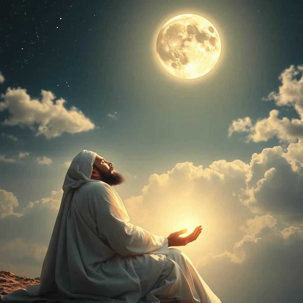 Muhammad receiving the revelation, a peaceful moment under the full moon with soft light illuminating him, a backdrop of stars and clouds, serene atmosphere, digital painting, uplifting and inspiring, high quality