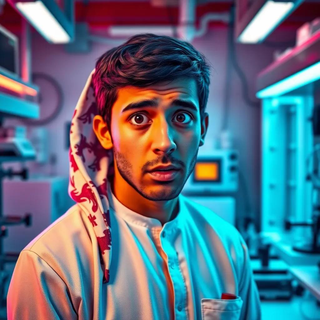 A young Arab man, Imad, with short black hair wearing a traditional Iraqi dishdasha, standing in a lab with scientific equipment around him, looking excited yet worried, digital art, vibrant colors, tense atmosphere, high quality