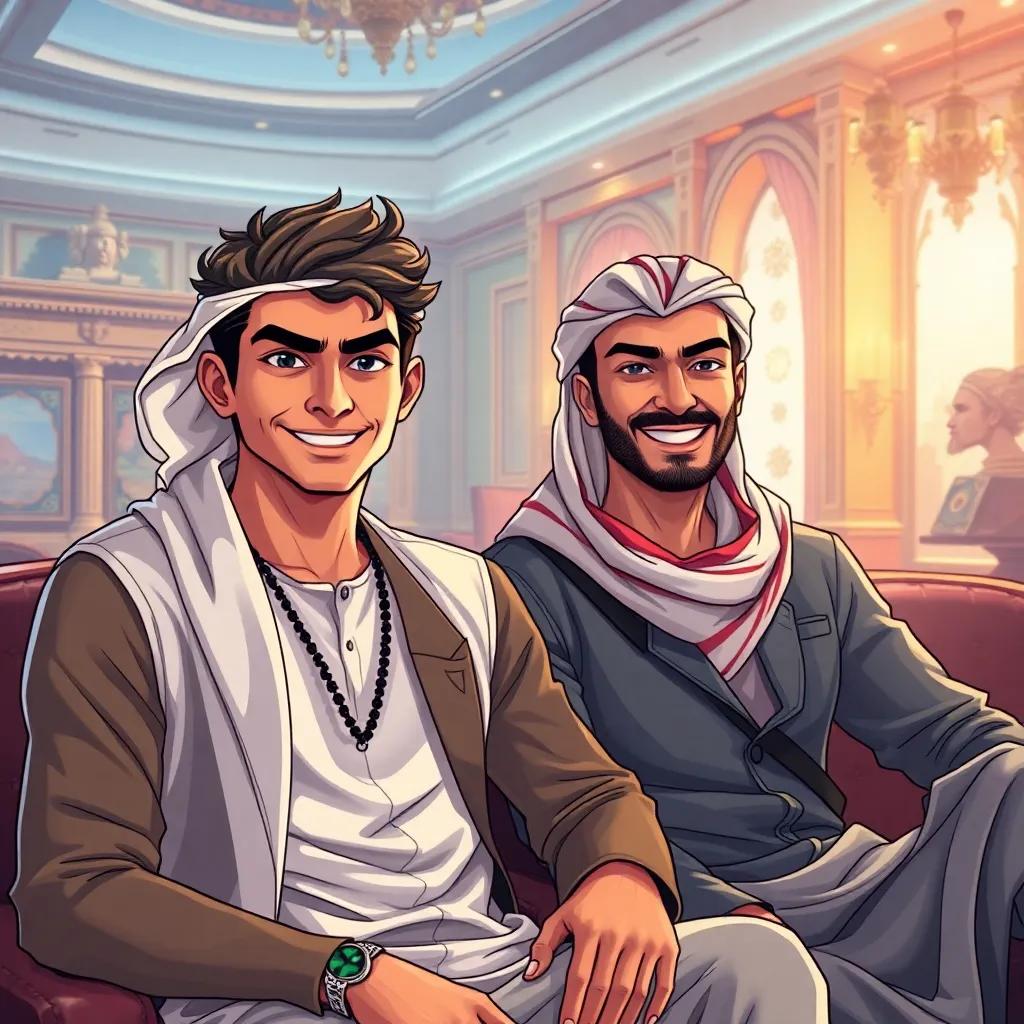 A young Arab man, Ammar, with a striking resemblance to Imad, wearing a modern outfit, sitting next to Imad with a mischievous smile, in a room filled with money and luxury, illustration, bright colors, adventurous atmosphere, high quality